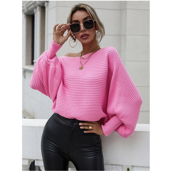 Pink Boat Neck Batwing Oversized Sleeves Knit Sweater - Picture 7 of 9